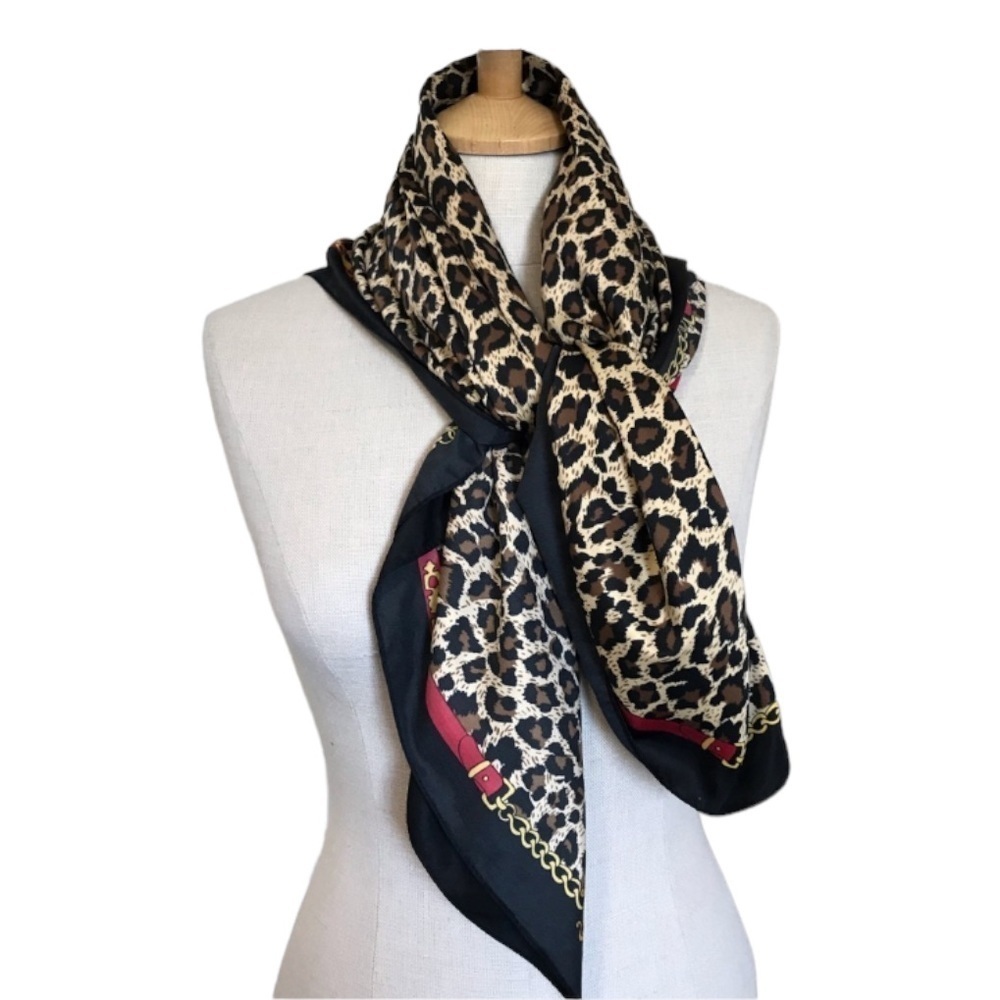 Leopard Print Square Scarf with Equestrian red/gold detail / 36 X 36 Squ…